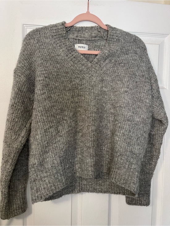 pistola Sweaters - #454 Pistola XL Gray Marled Chunky Knit V-Neck Sweater Oversized Cozy Pullover